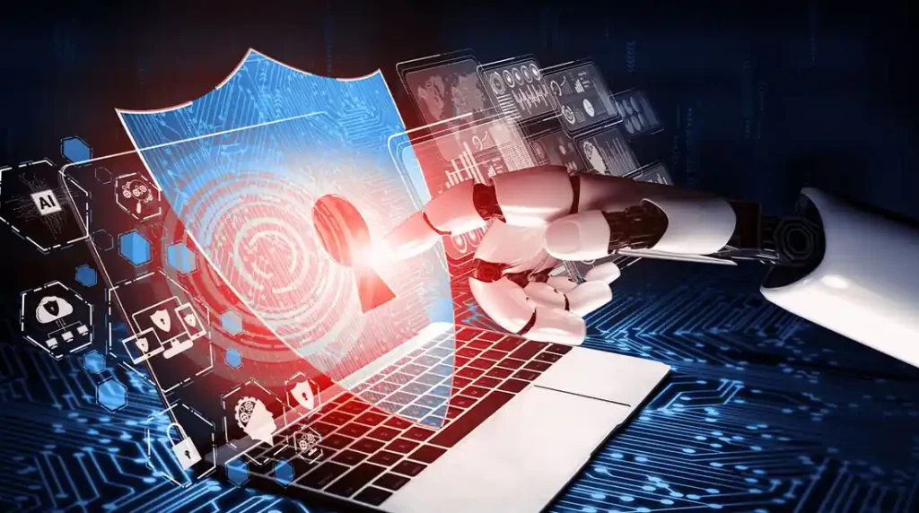 AI robot hand touching a digital security shield on a laptop, representing Fabrix CVE Agents protecting the network