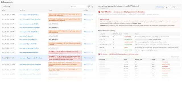 Fabrix CVE Agents dashboard showing automated Cisco advisory assessments, including a Snort 3 DoS vulnerability affecting 17 FTD firewalls