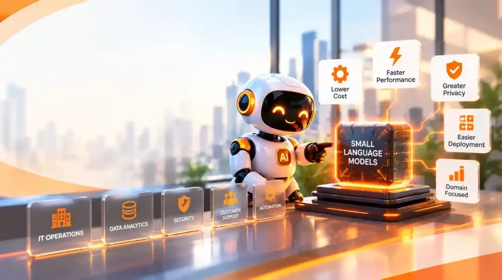 Small Language Models for enterprise AI agents - robot illustration