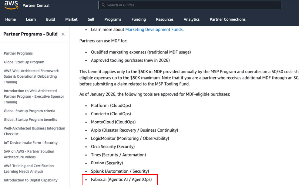 AWS Partner Central listing of approved MSP tooling purchases, including Fabrix.ai (Agentic AI / AgentOps)