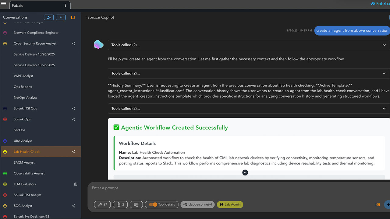Fabrix.ai Agent Studio creating an agentic workflow from a prompt